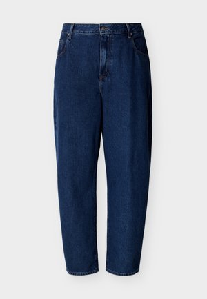 Mørkeblå denimjeans med høj talje, knap- og lynlåslukning, forlommer og lige afsmalnende ben.