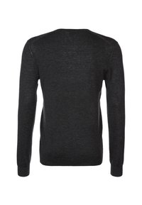Dunkelgrauer Langarmpullover mit rundem Ausschnitt und gerippten Bündchen. Hergestellt aus einem weichen Stoff mit glatter Textur, zeigt minimale Nähte.