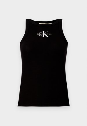 Top in cotone nero a costine con scollatura tonda e logo "Calvin Klein Jeans" stampato in bianco sul davanti.