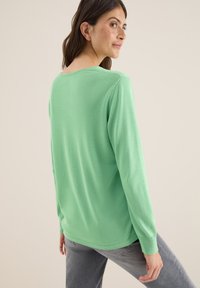 Vihreä pitkähihainen neule, joka on valmistettu pehmeästä materiaalista. Neuleessa on pyöreä pääntie ja resorit hihoissa, esitetty takaa. Housut ovat harmaat ja näkyvät alhaalta.