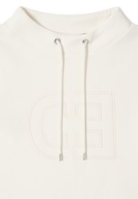 Crèmekleurige sweatshirt met een hoge kraag, voorzien van een gestructureerd logopatroon en verstelbare trekkoorden met zilverkleurige details.