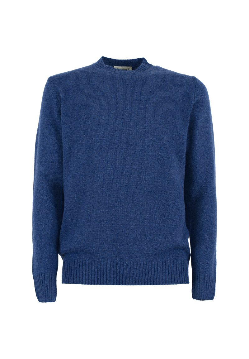 Maglione blu in lana con scollatura tonda, maniche lunghe e polsini e orlo a coste. Il tessuto ha una consistenza morbida e un colore uniforme.