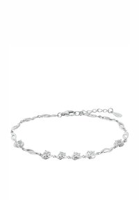 Silver bracelet featuring alternating twisted links and flower-shaped accents with clear stones, secured with a lobster clasp and extension chain.