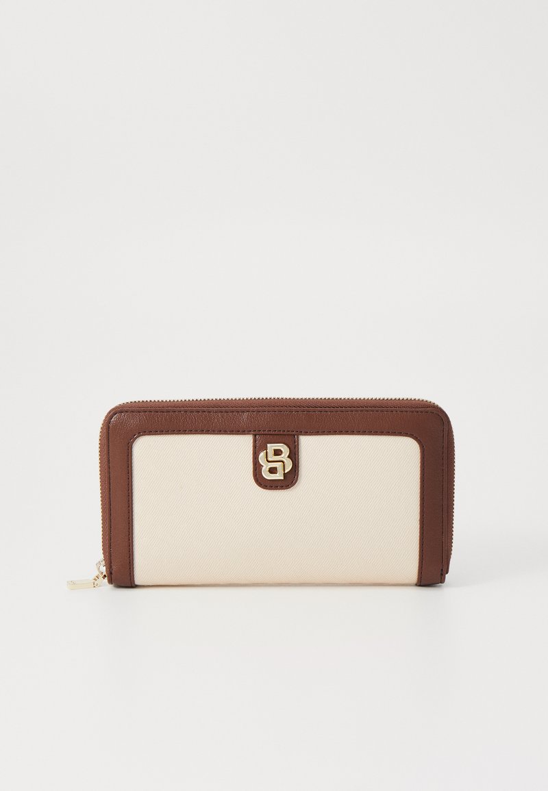 Brown and cream wallet with a textured surface, featuring a gold logo accent and zip closure. Rectangular shape with stitched edges.