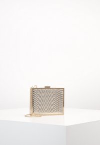 Hopeakosketin laukkua, jossa on teksturoidusta käärmeennahasta valmistettu pinta, kultaisella metallikehyksellä ja irrotettavalla ketjuhihnalla. Suorakulmainen muoto.