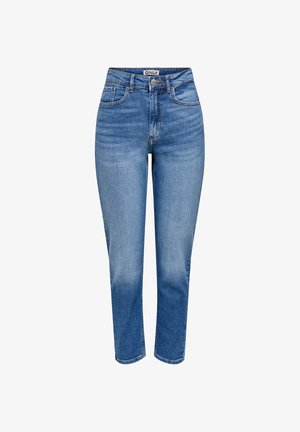 Zili džinsa džinsi ar augstu jostasvietu, taisnu kāju, priekšējām un aizmugurējām kabatām, jostas cilpām, pogu un rāvējslēdzēju aizdari.