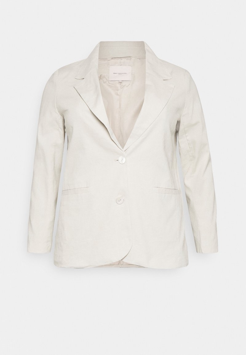 Blazer blanc pour femme sur mesure, manches longues, deux boutons devant et col à revers encoche sur fond uni.