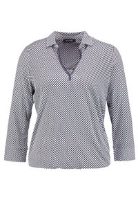 Camicia a righe blu navy e bianco con colletto e maniche a tre quarti, caratterizzata da una patta e un tessuto morbido e testurizzato.
