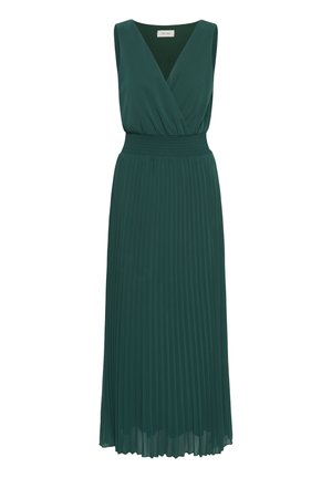 Ujjatlan sötétzöld maxi ruha V-nyakkivágással, összehúzott derékkal és pliszírozott szoknyával, alkalmi vagy félalkalmi eseményekre tervezve.
