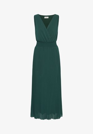 Ujjatlan sötétzöld maxi ruha V-nyakkivágással, összehúzott derékkal és pliszírozott szoknyával, alkalmi vagy félalkalmi eseményekre tervezve.