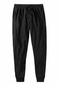 Schwarze Jogginghose mit elastischem Bund, Kordelzug, Seitentaschen und gerippten Säumen. Hergestellt aus weichem Stoff mit glatter Textur.