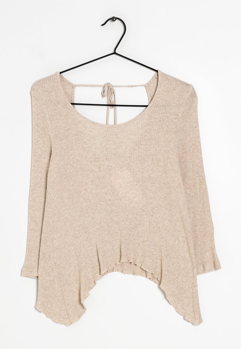 Beige geripptes Langarmshirt mit weitem Ausschnitt, offenem Rücken und Bändern. Hat einen abgerundeten Saum mit längerem Rücken und einem strukturierten Stoff.