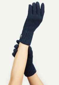 Marinblå ribbad stickad vantar med en tight mudd och en etikett märkt "GOBI." Har individuella fingerfack för smidighet och värme.