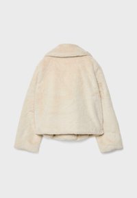 Creme faux fur jakke med krave, cropped design, lange ærmer og blød tekstur. Bageste visning fremhæver en enkel, udekoreret stil.