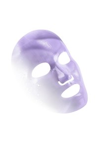 Masque facial violet avec des découpes pour les yeux et la bouche ; texture lisse, finition brillante et gouttes d'eau visibles sur la surface.