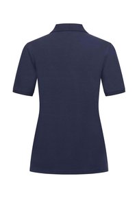 Navy blue short-sleeve polo shirt with a classic collar, shown from the back on a white background.