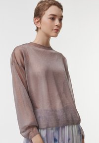 Doorzichtig, glanzend bruin langemouwen shirt met een ronde halslijn en geraffineerde mouwen, gecombineerd met een veelkleurige gelaagde rok.