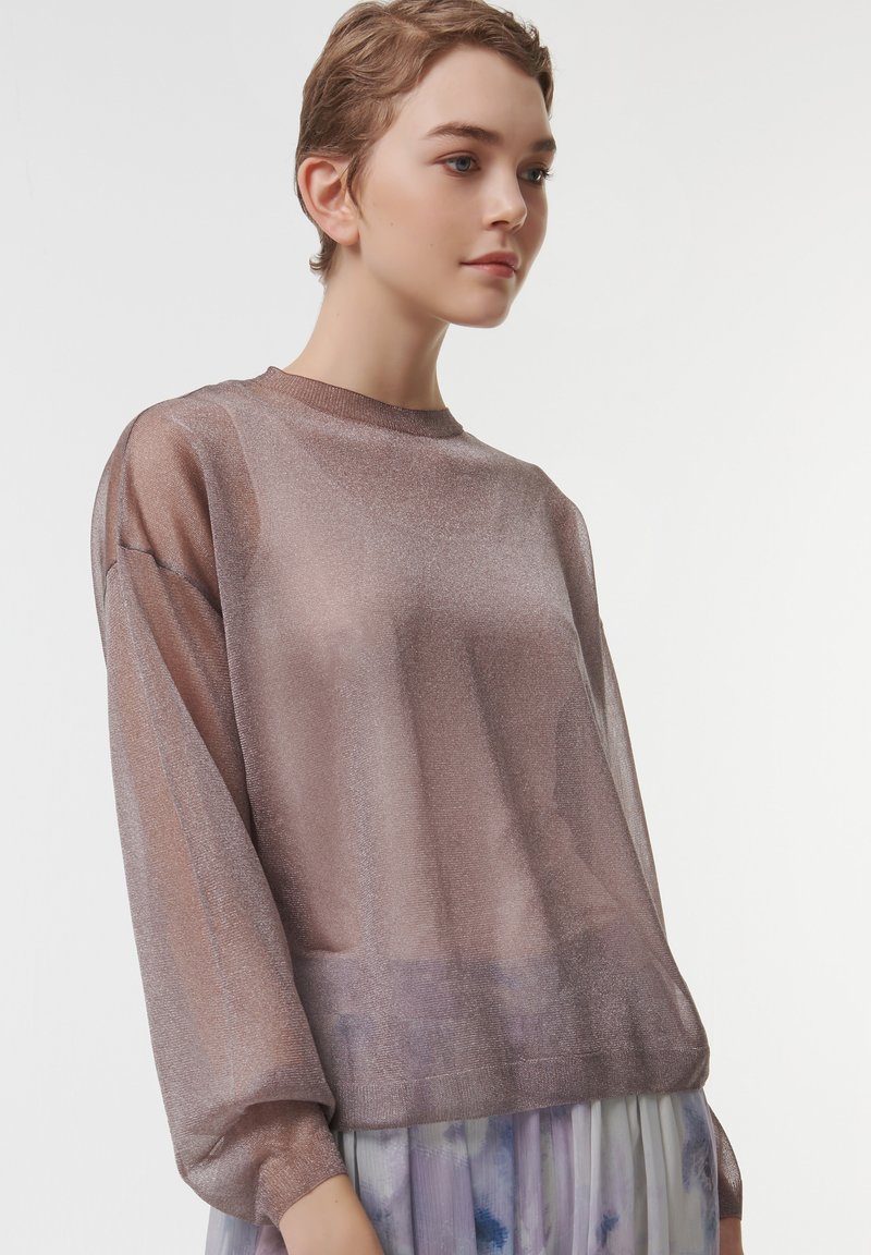 Doorzichtig, glanzend bruin langemouwen shirt met een ronde halslijn en geraffineerde mouwen, gecombineerd met een veelkleurige gelaagde rok.