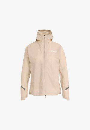 Beige waterproof jacket with a hood, smooth texture, front zipper, and reflective accents on sleeves. Features a subtle pattern.