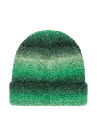 Zielony gradientowy, puszysty beanie z wywiniętym brzegiem, przechodzący od ciemnozielonych do jasnzielonych odcieni.