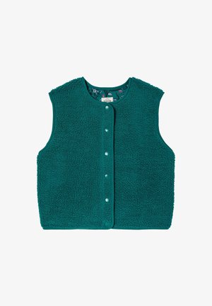 Veste sans manches en polaire turquoise avec des boutons-pression et une doublure intérieure à motif floral visible au niveau de l'encolure ronde.