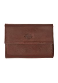 Portafoglio in pelle marrone con una texture liscia, dotato di una patta frontale, logo in rilievo e cuciture dettagliate lungo i bordi.