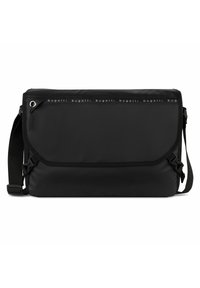 Borsa a tracolla nera con chiusura a pattina, tracolla regolabile e dettagli del logo nella parte superiore. Realizzata in materiale liscio e durevole con fibbie laterali.
