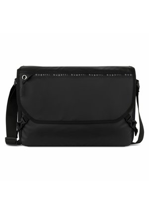 Black messenger bag with a flap closure, adjustable strap, and logo detail at the top. Made of smooth, durable material with side buckles.