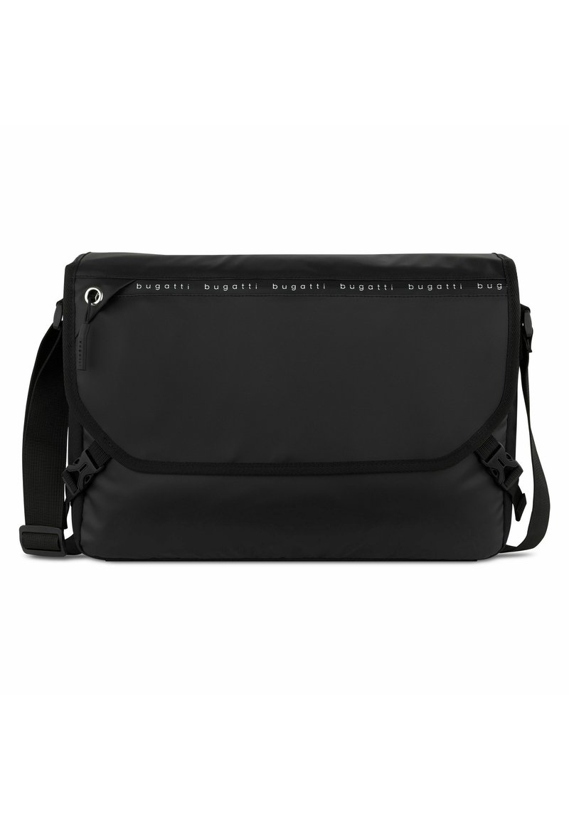 Borsa a tracolla nera con chiusura a pattina, tracolla regolabile e dettagli del logo nella parte superiore. Realizzata in materiale liscio e durevole con fibbie laterali.