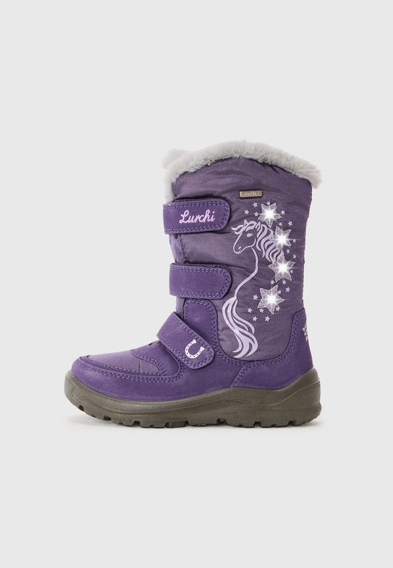 Violeta ziemas zābaks ar pūkainu pelēku apdari, trīs regulējamiem Velcro siksnām un vienradža dizainu sānos ar zvaigznēm un akcentiem.