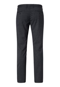 Tailored trousers in dark gray with a subtle checked pattern, featuring a flat front, two back pockets, and a classic straight cut.