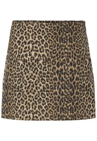 Leopardmønstret miniskjørt i beige og svart, laget av myk stoff med en glatt tekstur og rett snitt, med en enkel midjebånd.