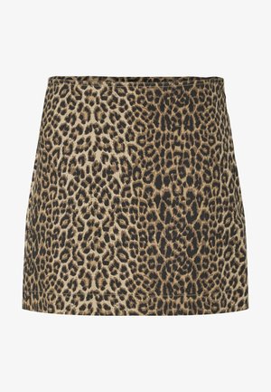 Gonna mini in stampa leopardata beige e nera, realizzata in tessuto morbido con una texture liscia e taglio dritto, con una vita semplice.