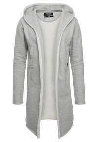 Hellgrauer, mittelgroßer, mit Kapuze versehenen, offenen langen Sweatshirt mit Seitentaschen und weißer Innenseite.