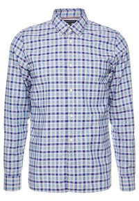 Camicia a maniche lunghe con bottoni, motivo a quadri blu, azzurro e bianco e colletto classico.
