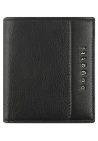 Black leather wallet with textured surface, featuring a side card slot and embossed "bugatti" logo in metallic letters. Compact and rectangular shape.
