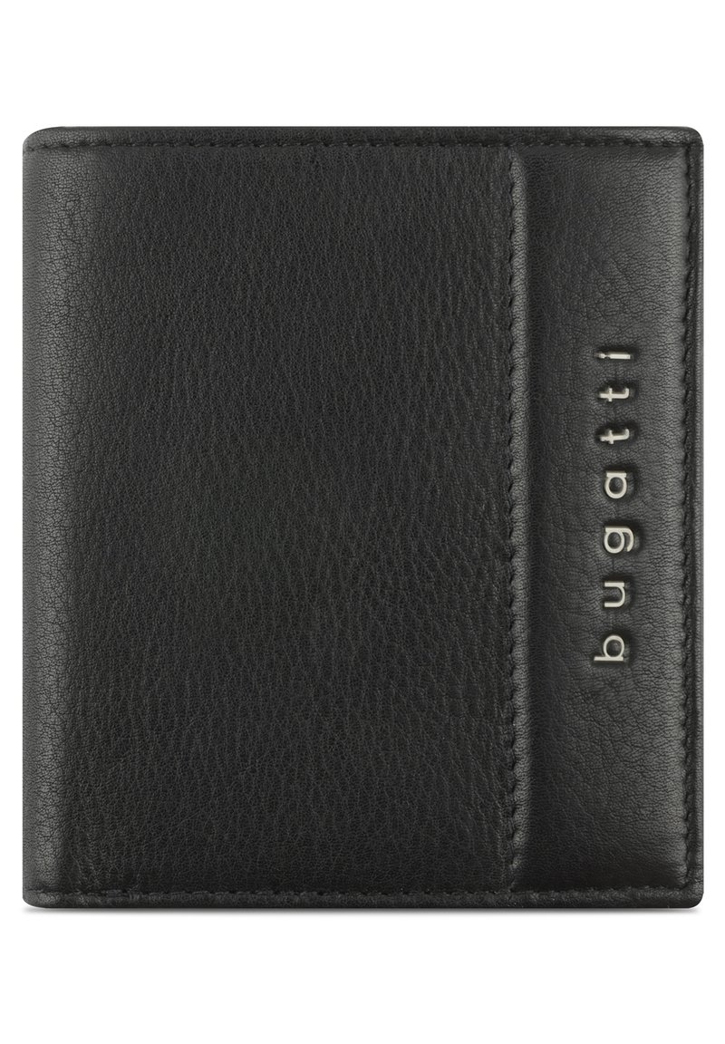 Black leather wallet with textured surface, featuring a side card slot and embossed "bugatti" logo in metallic letters. Compact and rectangular shape.