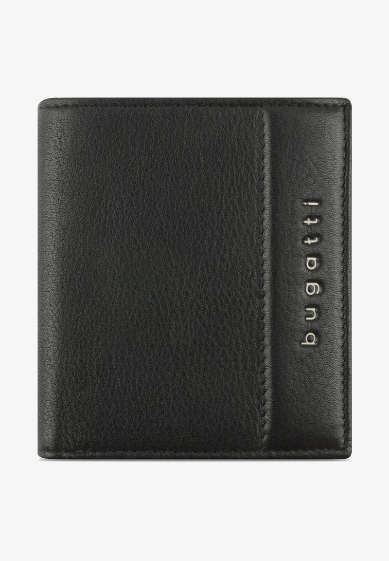 Black leather wallet with textured surface, featuring a side card slot and embossed "bugatti" logo in metallic letters. Compact and rectangular shape.