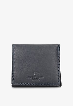 Donkergrijze leren portemonnee met gestikte randen, voorzien van een geperst logo. Compact, bifold ontwerp met een gladde textuur.