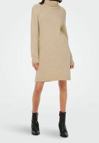 Beige gebreide turtleneck jurk met lange mouwen, geribbelde manchetten en een middellange lengte tot boven de dij. G gedragen met zwarte enkellaarsjes. Textuurdetails van de stof zijn zichtbaar.