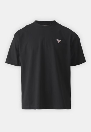 Crna pamučna majica s okruglim izrezom i kratkim rukavima, s malim trokutastim logotipom na lijevoj strani prsiju u kontrastnim bojama.