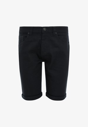 Shorts in denim nero con una vestibilità classica, dotati di chiusura a bottone, orlo arrotolato e tasche frontali. Texture liscia e design pulito.