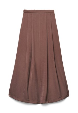 Gonna midi a linea A marrone con sottili pieghe verticali e vita aderente, realizzata in tessuto liscio e leggero.
