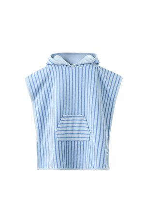 Poncho serviette à capuche bleu clair avec des rayures verticales bleu foncé et une poche avant à rayures horizontales.