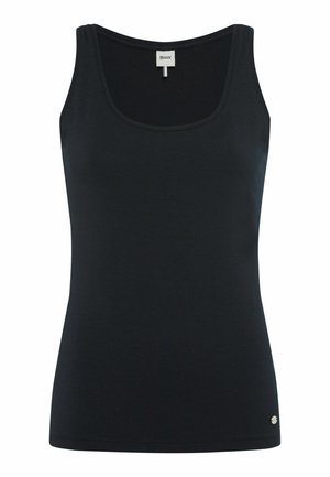 Black sleeveless tank top made of soft cotton blend, featuring a round neckline and a small logo detail at the hem. Smooth texture.