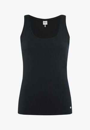 Black sleeveless tank top made of soft cotton blend, featuring a round neckline and a small logo detail at the hem. Smooth texture.