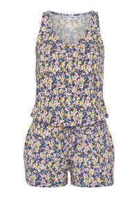 Gėlių rompers su tamsiai mėlynu fonu, puoštu geltonomis, rožinėmis ir baltomis gėlėmis. Audinys yra nertas, su V formos iškirpte ir elastine juosmens juosta.