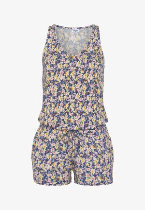 Kukkaroitu romper, jossa on tummansininen tausta ja keltaisia, vaaleanpunaisia sekä valkoisia kukkia. Kudottu materiaali, jossa on V-pääntie ja elastinen vyö.