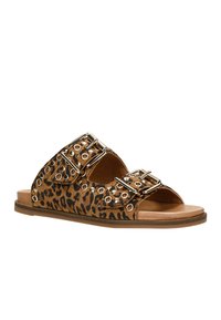 Leopardskin print sandaaltjes met twee metalen gespjes, studs en een platte bruine zool. Zachte materialen en open teen ontwerp.