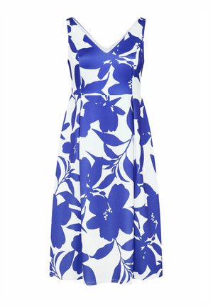 Weißes ärmelloses Midikleid mit tiefem V-Ausschnitt und großem blauem Blumenmuster.